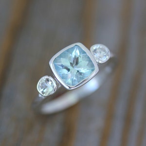 Aquamarine Ring Sterling Silver | Cushion Cut March Birthstone, White Sapphire Accent, Handmade Eco-Friendly Anniversary Gift