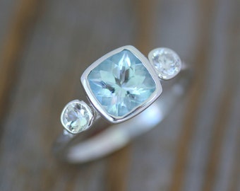 Handmade Aquamarine Ring: Sterling Silver, White Sapphire Accents