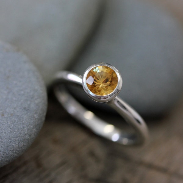 Round Citrine Ring,  Yellow Gold Stacking Ring, November Birthstone Ring, Solitaire or Stacking Ring Set