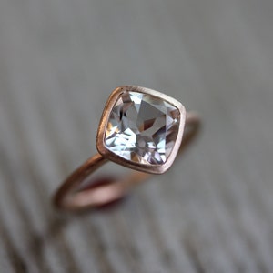 White Topaz Cushion Cut Ring, Diagonal Gemstone Ring in  Eco Friendly Brushed Recycled Rose Gold Solitaire Ring