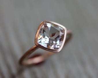 White Topaz Cushion Cut Ring, Diagonal Gemstone Ring in  Eco Friendly Brushed Recycled Rose Gold Solitaire Ring