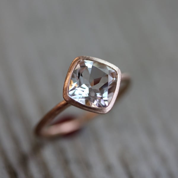 White Topaz Cushion Cut Ring, Diagonal Gemstone Ring in  Eco Friendly Brushed Recycled Rose Gold Solitaire Ring