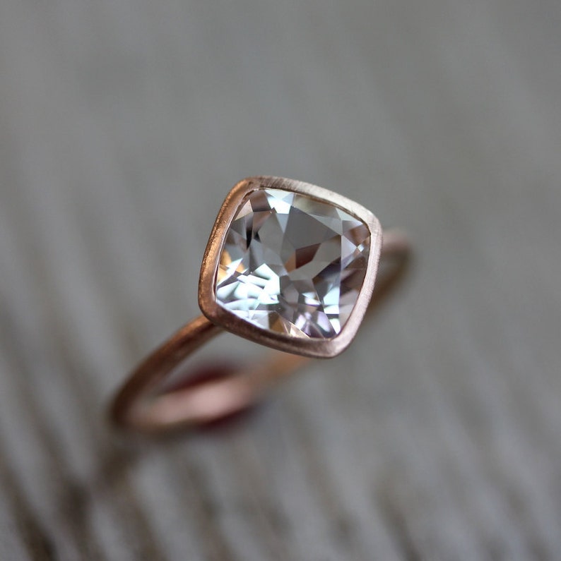 White Topaz Cushion Cut Ring, Diagonal Gemstone Ring in Eco Friendly Brushed Recycled Rose Gold Solitaire Ring image 1