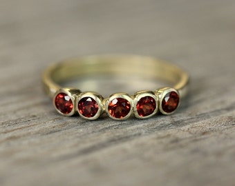 Crimson Red Garnet and Recycled 14k Yellow Gold Anniversary Band, 5 Stone Ring, Five Stone Band Ring