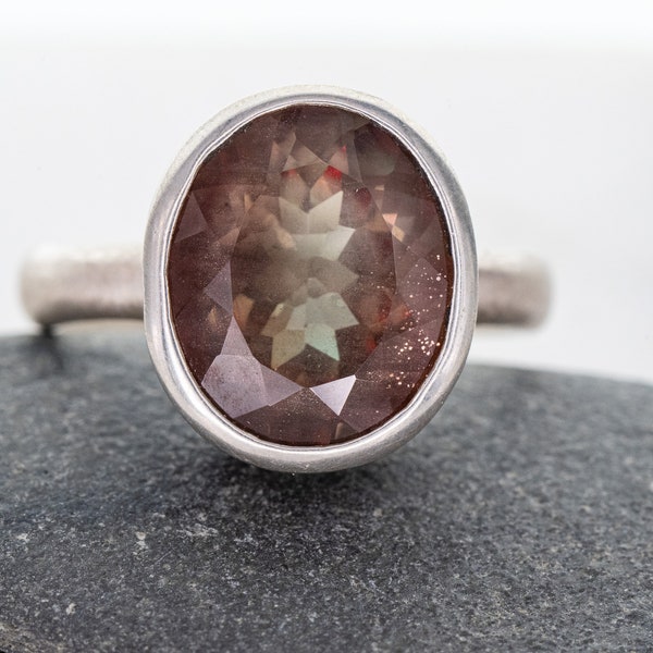 Ecologically friendly Bi-color Oregon Sunstone Ring, Smokey Quartz Sterling Silver - Ready to Ship Size 5.5