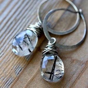 Tourmalinated Quartz Earrings, Gemstone Dangle Earrings, Sterling Silver Hoop Earrings image 2