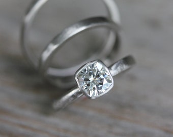 Handmade Moissanite Engagement Ring, 14k White Gold, Modern Comfort Fit