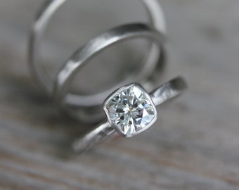 Handmade Moissanite RIng, Forever Brilliant Engagement Ring, Palladium and White Gold Engagement Ring, Cushion Moissanite  Non Diamond Ring