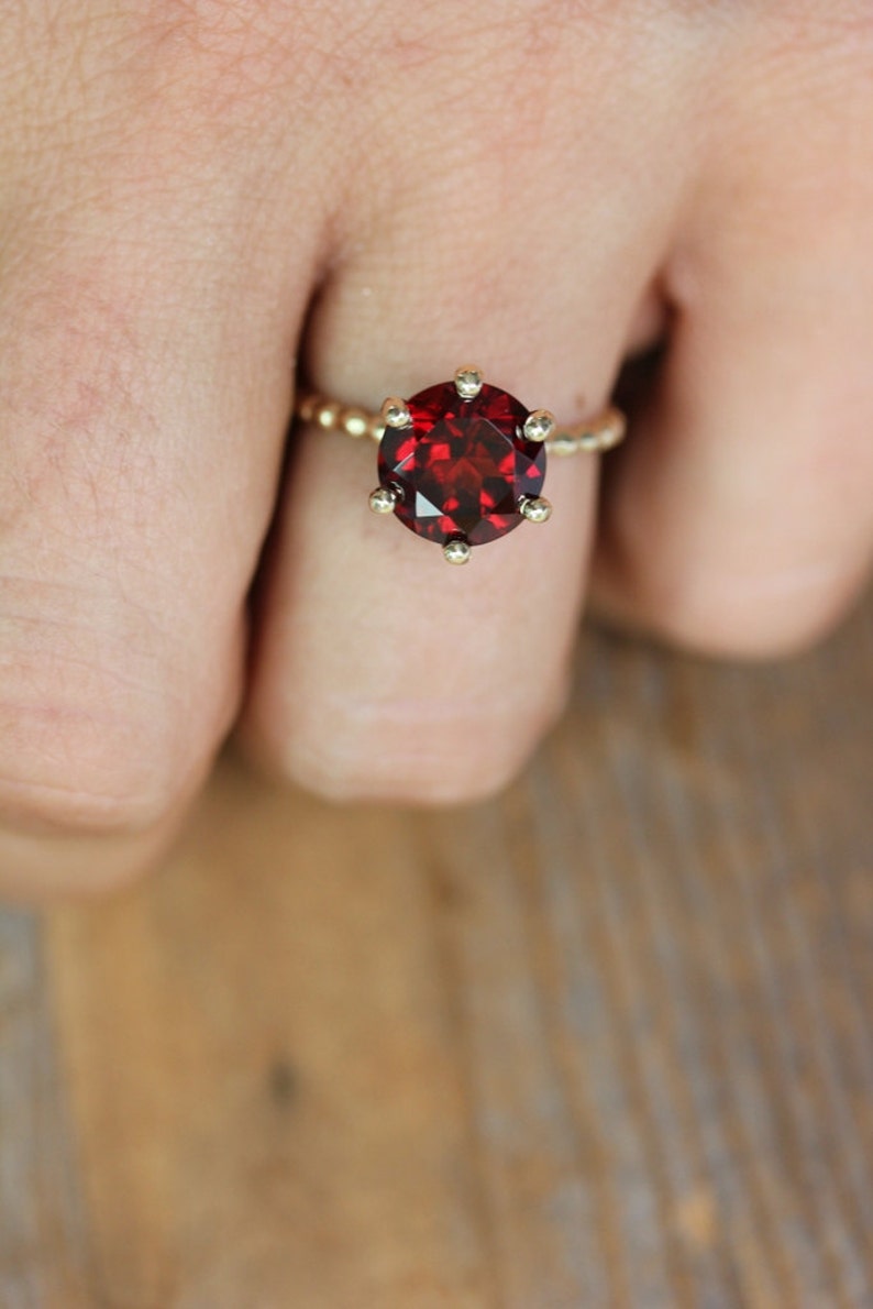 Crimson Red Garnet Ring and Recycled Gold Ring, Six Prong Solitaire Ring in 14k Yellow Gold, Art Deco image 2