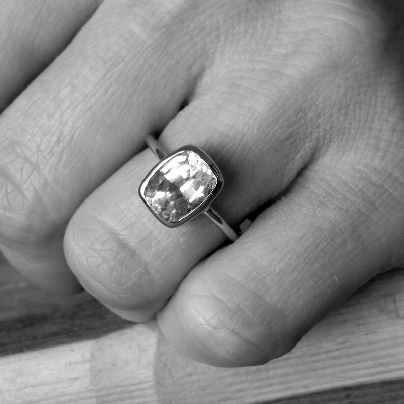 Handmade White Topaz Engagement Ring, Unique Engagement Ring, 9mm x 7mm Cushion Shaped Ring, Ethical Jewelry Designer image 2