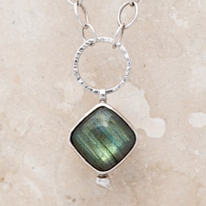 Labradorite Cushion Shaped Cabochon Necklace Bezel Set with Sterling Silver 16 Chain image 1