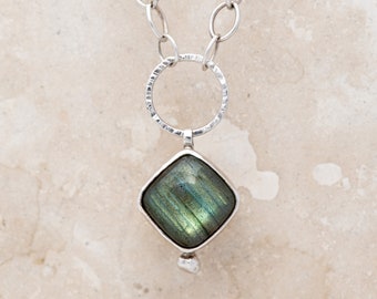 Labradorite Cushion Shaped Cabochon Necklace Bezel Set with Sterling Silver 16" Chain