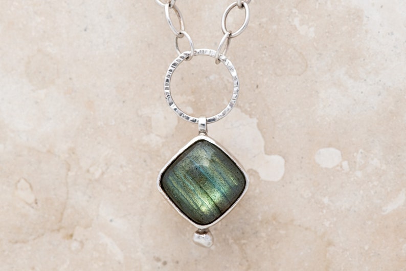 Labradorite Cushion Shaped Cabochon Necklace Bezel Set with Sterling Silver 16 Chain image 1