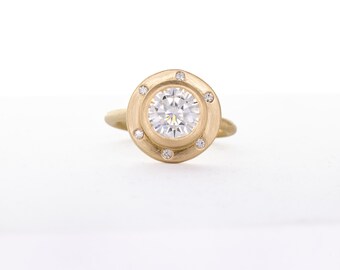 Moissanite Engagement Ring in Yellow Gold | Handmade Halo Wedding Ring | Diamond Alternative | Low Profile Engagement Ring