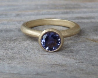 Round 5mm Iolite Yellow Gold Ring, Birthstone Jewelry, Gift for her, Blue Gemstone Ring, Iolite Gold Stacking Ring