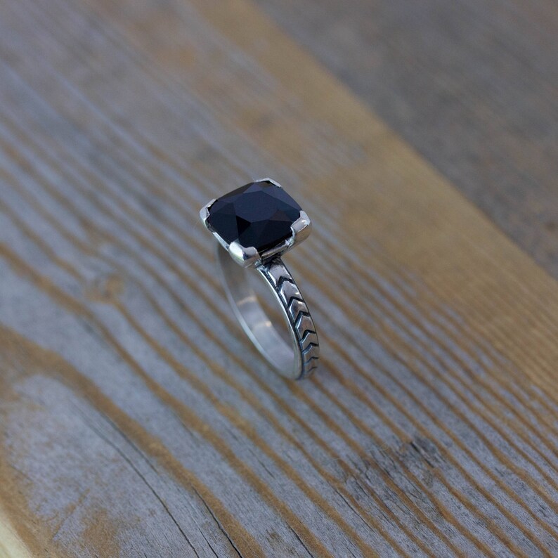 Art Deco Black Spinel Ring, Gothic Engagement Ring, Cushion Gemstone Ring in Oxidized Black Silver, Black Diamond Alternative image 4