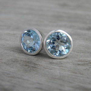 Blue Topaz Stud Earrings in Silver Bezel Posts, Gemstone Earrings, Blue Gem Earrings, Large Post earrings, Big Stud Earrings for Her image 3