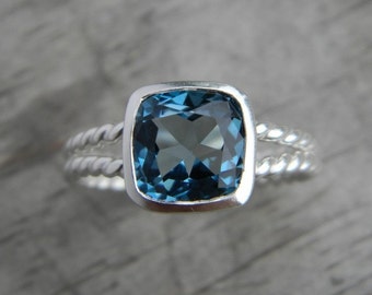 Silver London Blue Topaz Ring, Split Shank Ring in 925 Sterling Silver and Cushion Gemstone