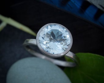 Round Aquamarine White Gold Engagement Ring, March Birthstone Ring in Palladium and White gold, Right Hand Or Solitaire, Ready To Ship Rings