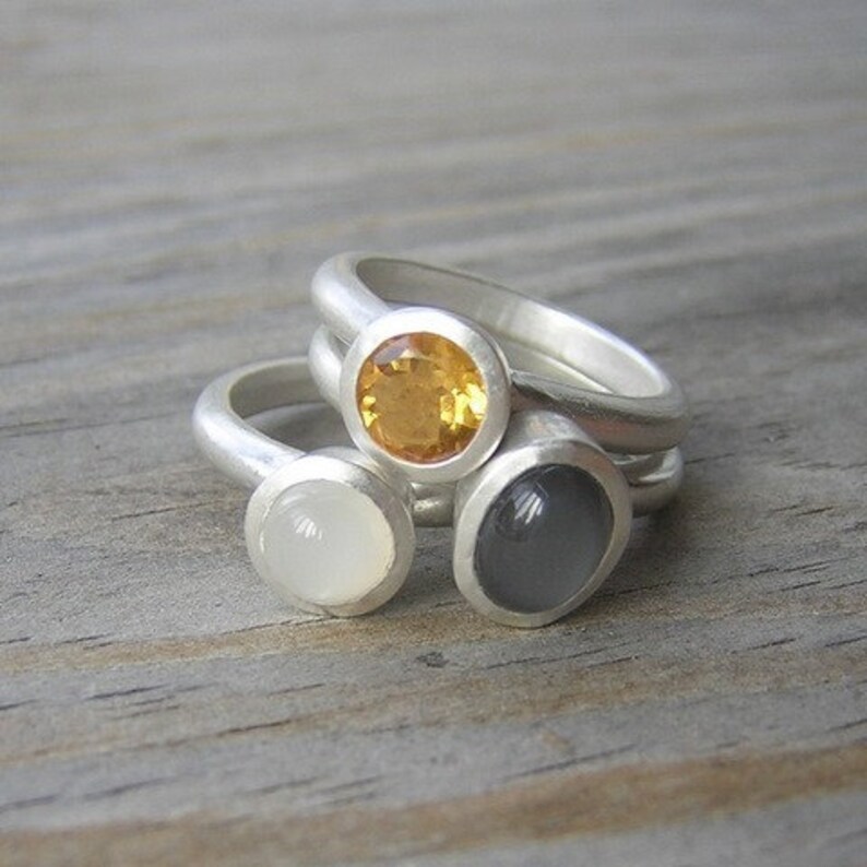 Moonstone Stacking Ring Set, Set of Three Rings Features Gray Moonstone Rings and Round White Moonstone Ring, Gold Citrine Nesting Rings image 1