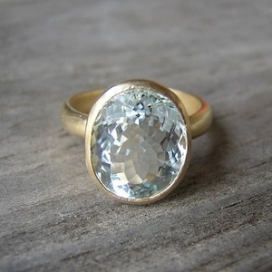 Handmade Yellow Gold Aquamarine Ring – Oval Aquamarine Engagement or Statement Ring, Unique Handmade March Birthstone Jewelry