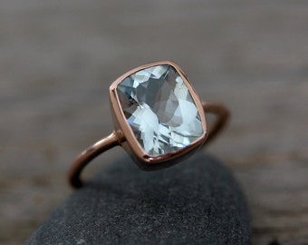 Aquamarine Ring in Rose Gold, Cushion Shaped  Alternative Engagament Ring, Pale Blue Aquamarine Rings, Non Diamond Ocean Blue Handmade