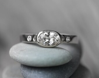 Handmade White Sapphire Engagement Ring Bezel Set in 14k Palladium White Gold