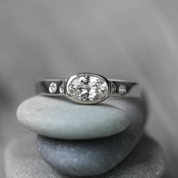 Handmade White Sapphire Engagement Ring Bezel Set in 14k Palladium White Gold