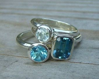 Sterling Silver Stacking Rings in  Blue Topaz Gemstone Ring Set, Emerald Cut Blue Topaz Ring, Round Sky Blue, Swiss Blue Topaz Rings