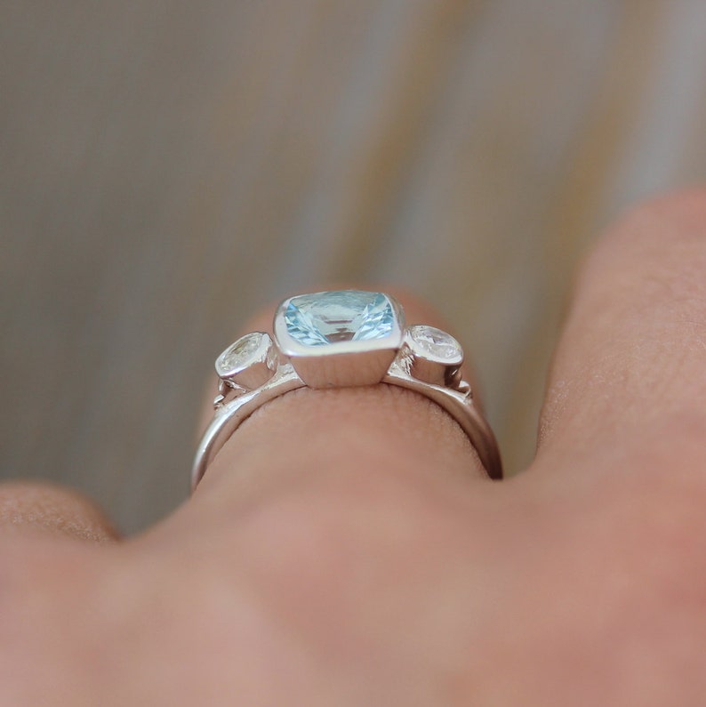 Aquamarine Anniversary Ring, Aquamarine and White Sapphire Cushion Cut Gemstone Birthstone Ring in Sterling Silver, Engagement Ring image 3