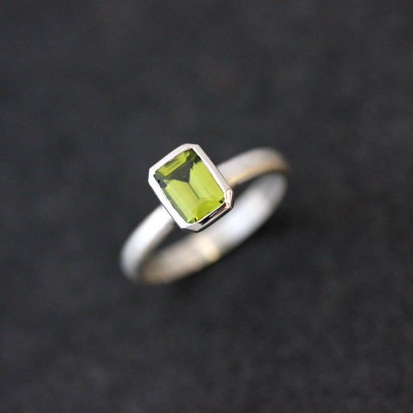 Handmade Emerald Cut Peridot Sterling Silver Ring, August Birthstone
