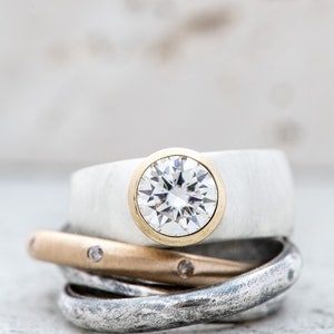 Handmade Mixed Metal Engagement Ring, Bimetal Round Moissanite Wide Band Ring, Thick Band Engagement Ring