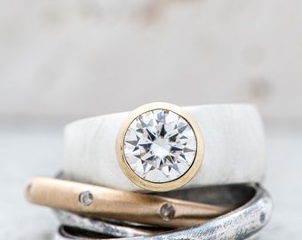 Mixed Metal Engagement Ring, Bimetal Round Moissanite Wide Band Ring, Thick Band Engagement Ring