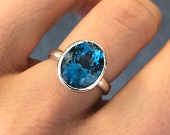 Large London Blue Topaz Oval Gemstone Ring, Solitaire Large Gem Ring in Eco Silver, December Birthstone