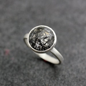 Limited Edition Black Tourmalated Quartz and Sterling Silver Ring, Satellite Setting Gemstone Solitaire image 1