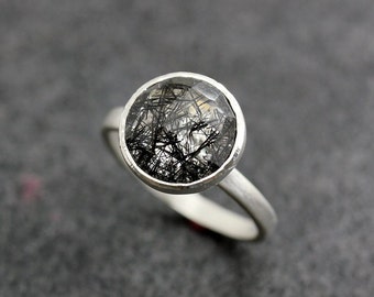 Limited Edition Black Tourmalated Quartz and Sterling Silver Ring, Satellite Setting Gemstone Solitaire
