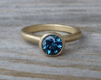 London Blue Topaz and 14k Matte Gold Ring, Solitaire or Stacking ring, Made To Order Gemstone Ring