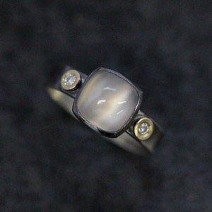 Cushion Moonstone Ring, Round Moissanite Ring, Bezel Set Silver Band Ring, Multi Gemstone Ring in Yellow Gold, Gothic Engagement Ring