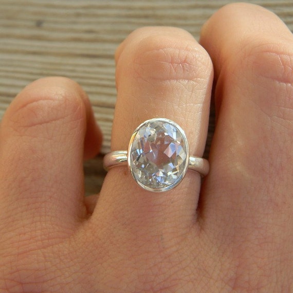 Handcrafted White Topaz Ring Oval Ring in Sterling Silver 
