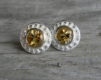 Citrine Earrings, Golden Gemstone Post Earrings, Rustic Stud Earrings, November Birthstone Jewelry