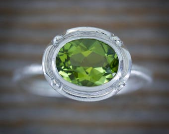 Oval Peridot Ring in Recycled Eco Sterling Silver, Antique Inspired Miligrain Bezel Setting, Handmade August Birthstone