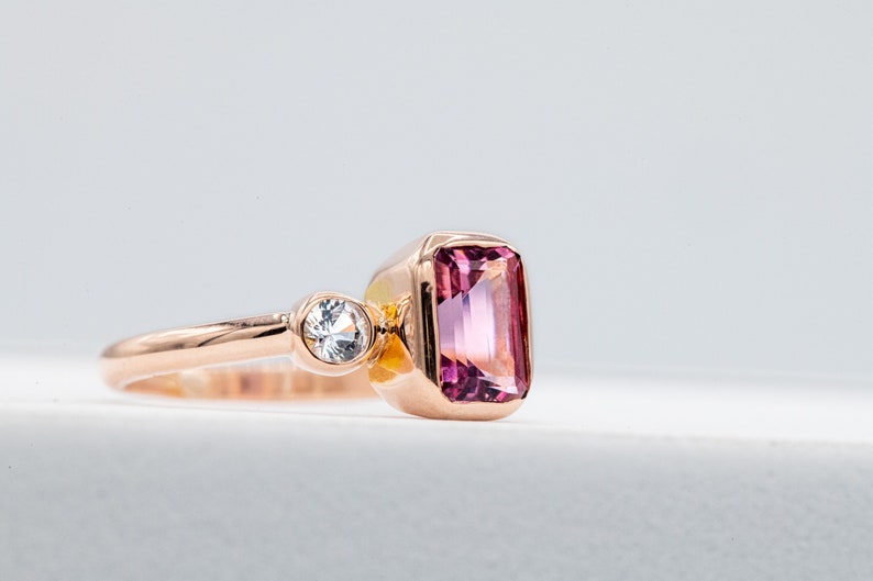 Pink Tourmaline and White Sapphire Ring 14k Rose Gold Tourmaline Ring Emerald Cut Tourmaline Engagement Ring image 1