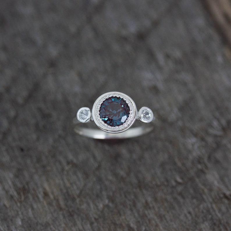 Alexandrite Ring, June's Birthstone Ring, Gemstone Halo Ring, White Sapphire and Alexandrite Jewelry, Multistone Alexandrite Engagement Ring image 2