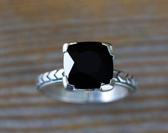 Art Deco Black Spinel Ring, Gothic Engagement Ring, Cushion Gemstone Ring in Oxidized Black Silver, Black Diamond Alternative