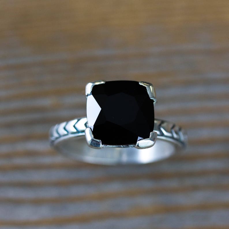 Art Deco Black Spinel Ring, Gothic Engagement Ring, Cushion Gemstone Ring in Oxidized Black Silver, Black Diamond Alternative image 1