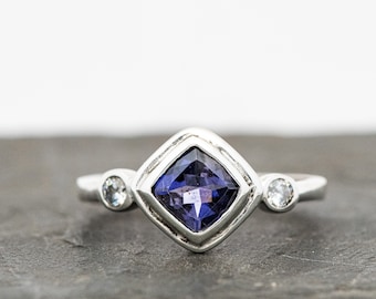 Iolite Halo Ring, White Sapphire, Recycled Sterling Silver