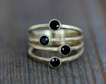 14k Yellow Gold Ring, Multi Stone Ring, in Black Spinel and Rustic Finish Recycled Gold