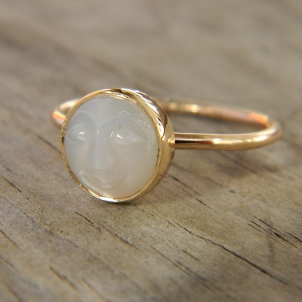 White Moonstone Face in Recycled 14k Yellow Gold, Made To Order In Your Size