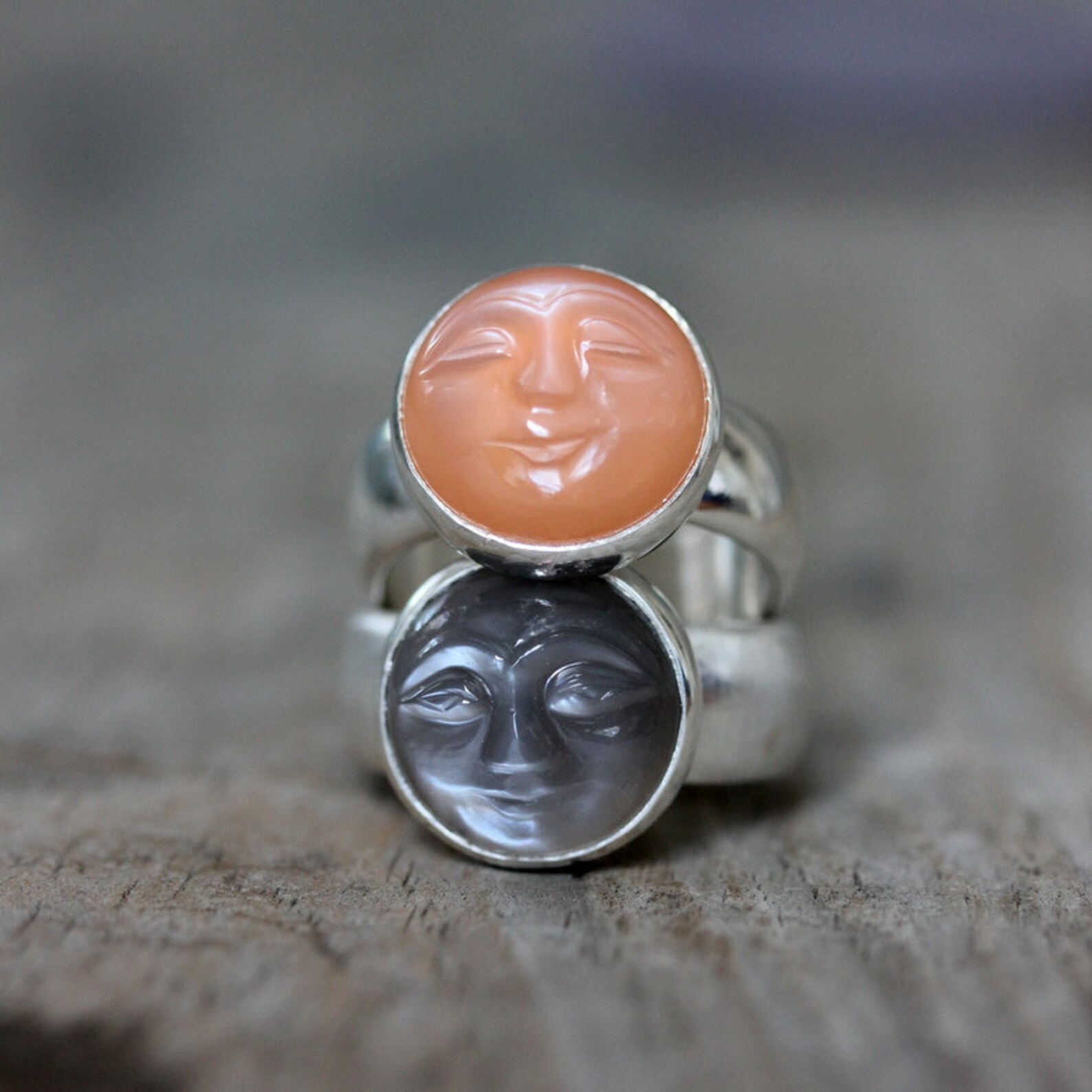 Moonstone Face Ring Gray Moonstone Ring with Smiling Carved Etsy