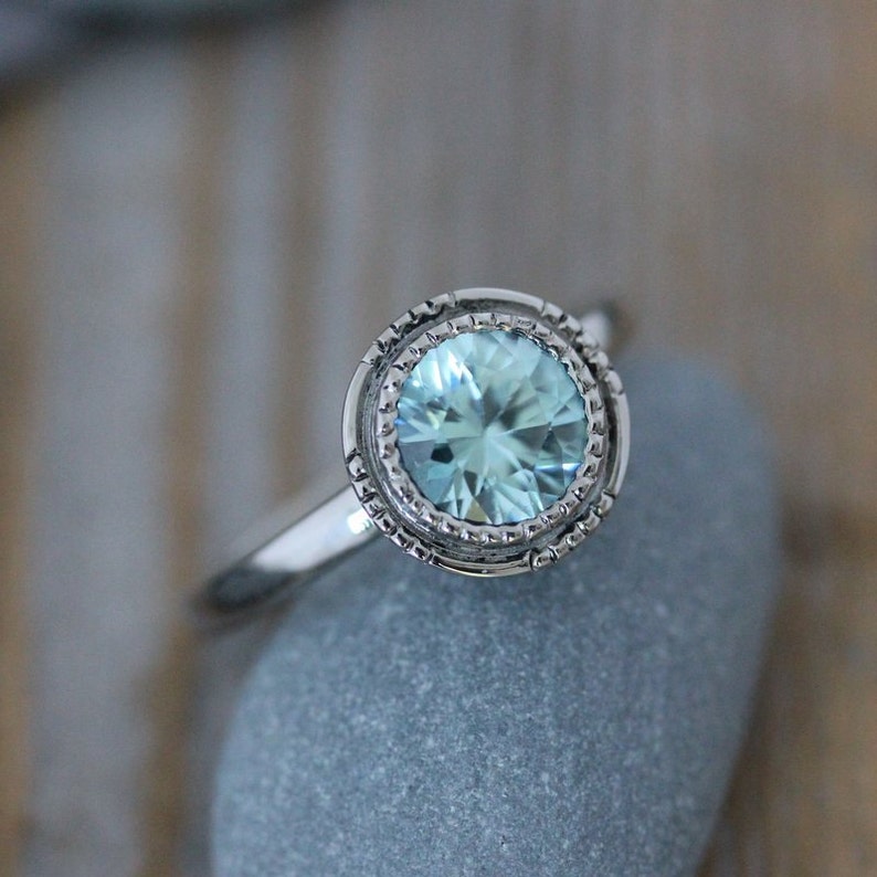 Light Blue Aqua Zircon Ring // Art Deco Inspired Gemstone Engagement Ring image 3